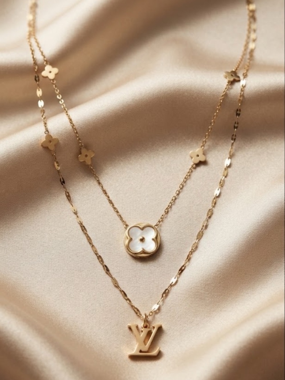Fashion Jewelry Gold Layered Necklace with White Floral and Monogram Charms